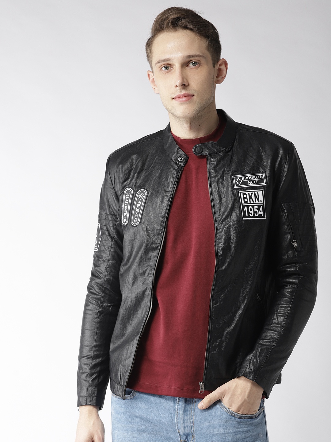 

Fort Collins Men Black Solid Biker Jacket with Applique Detail