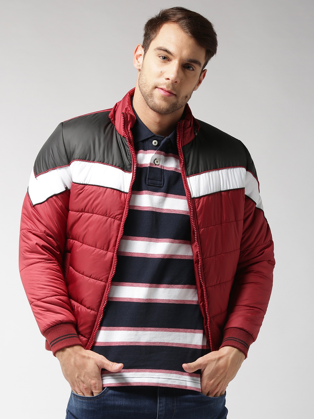 

Fort Collins Men Maroon Colourblocked Bomber Jacket with Detachable Hood