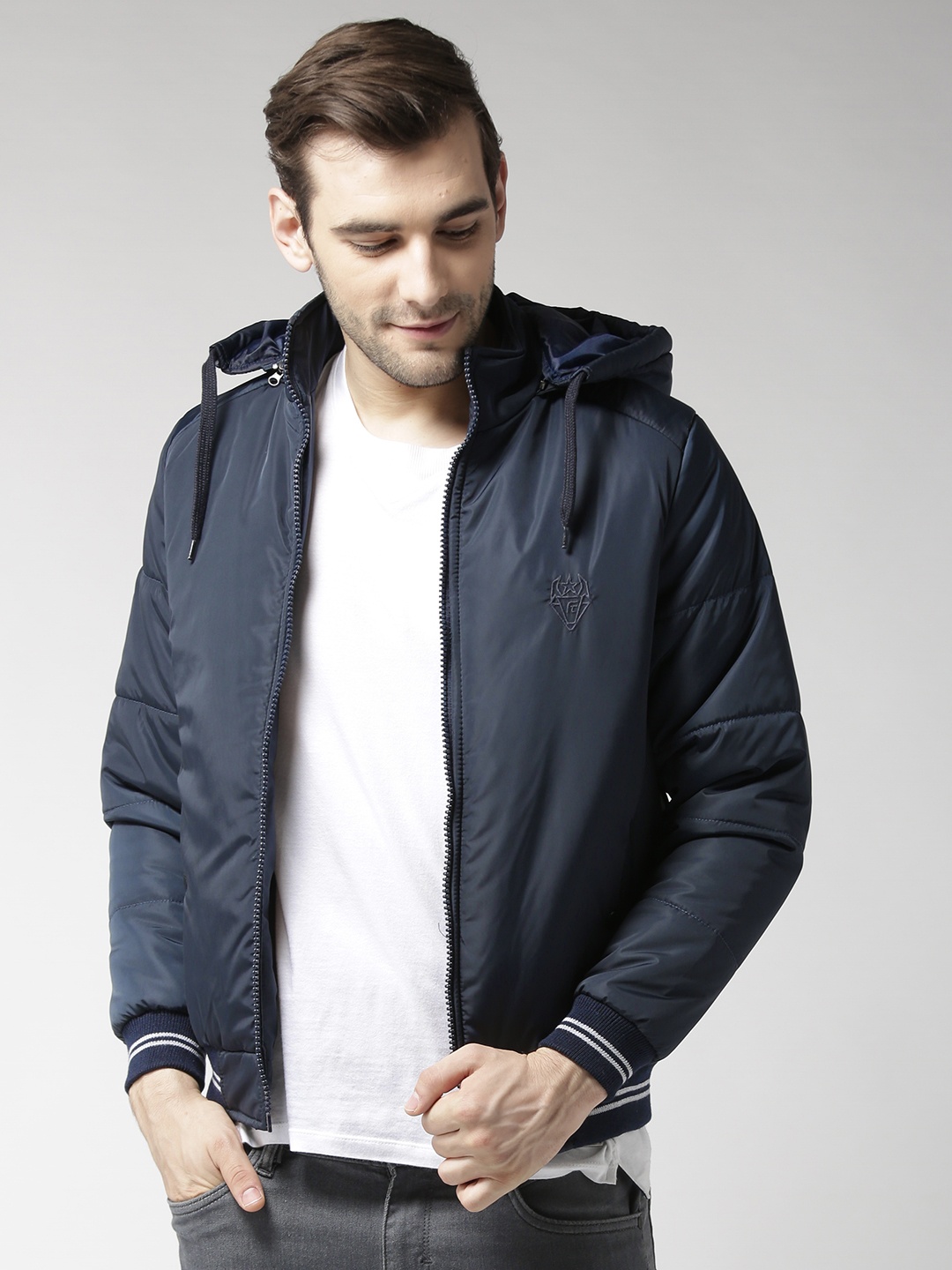 

Fort Collins Men Navy Blue Solid Bomber Jacket with Detachable Hood