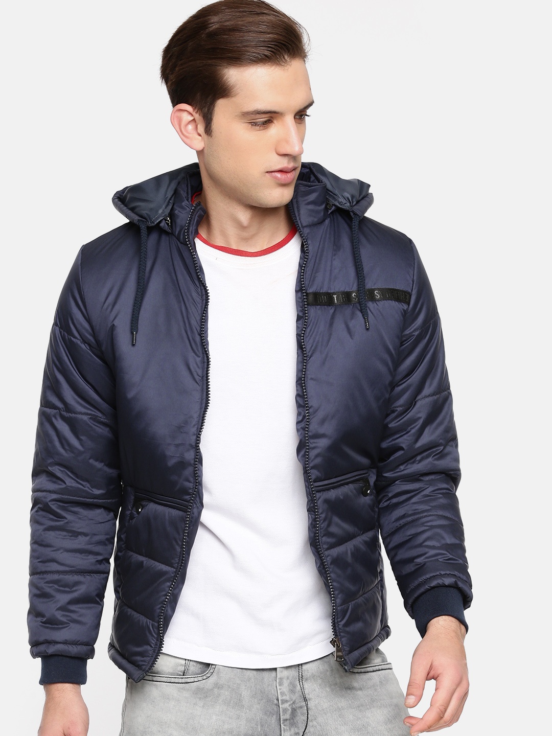 

Fort Collins Men Navy Solid Padded Jacket with Detachable Hood, Navy blue