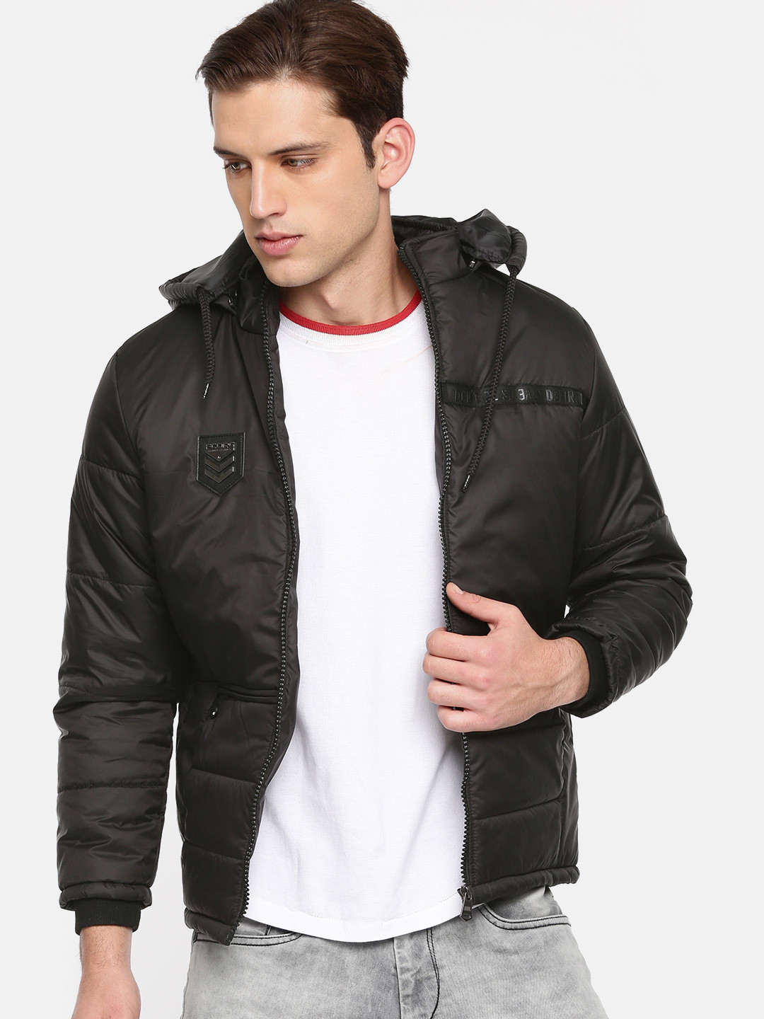 

Fort Collins Men Black Solid Padded Jacket with Detachable Hood