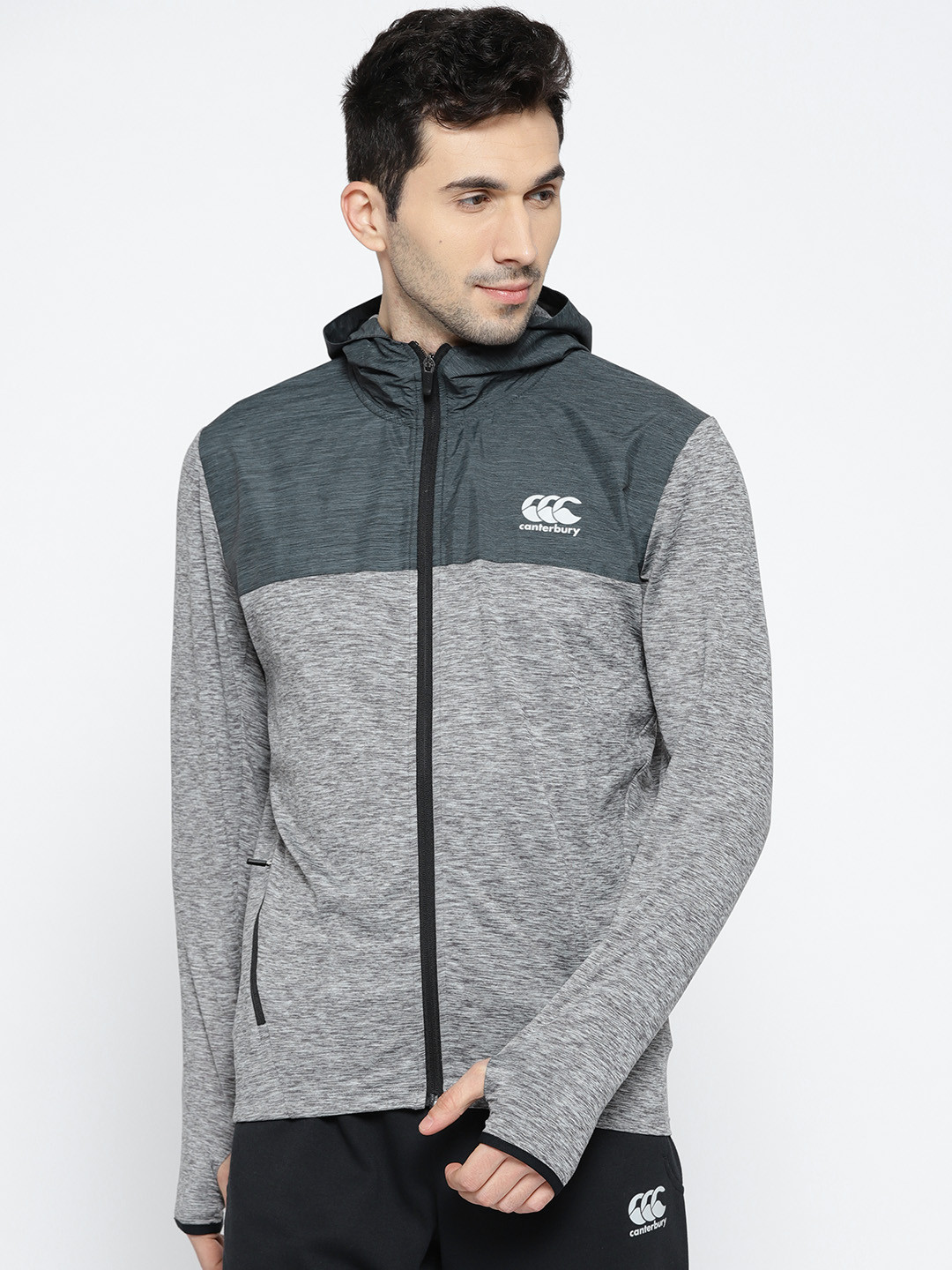 

Canterbury Men Grey Colourblocked Reflective Hooded Sporty Jacket