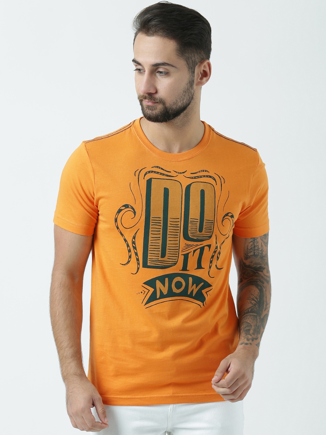 Huetrap Men Orange Printed Round Neck T-shirt