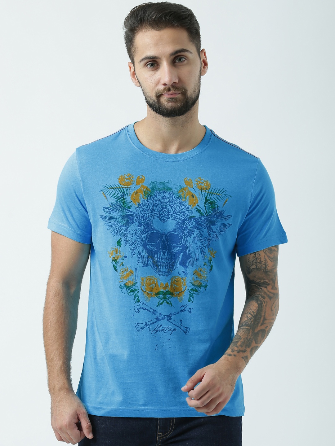 

Huetrap Men Turquoise Blue Printed Round Neck T-shirt