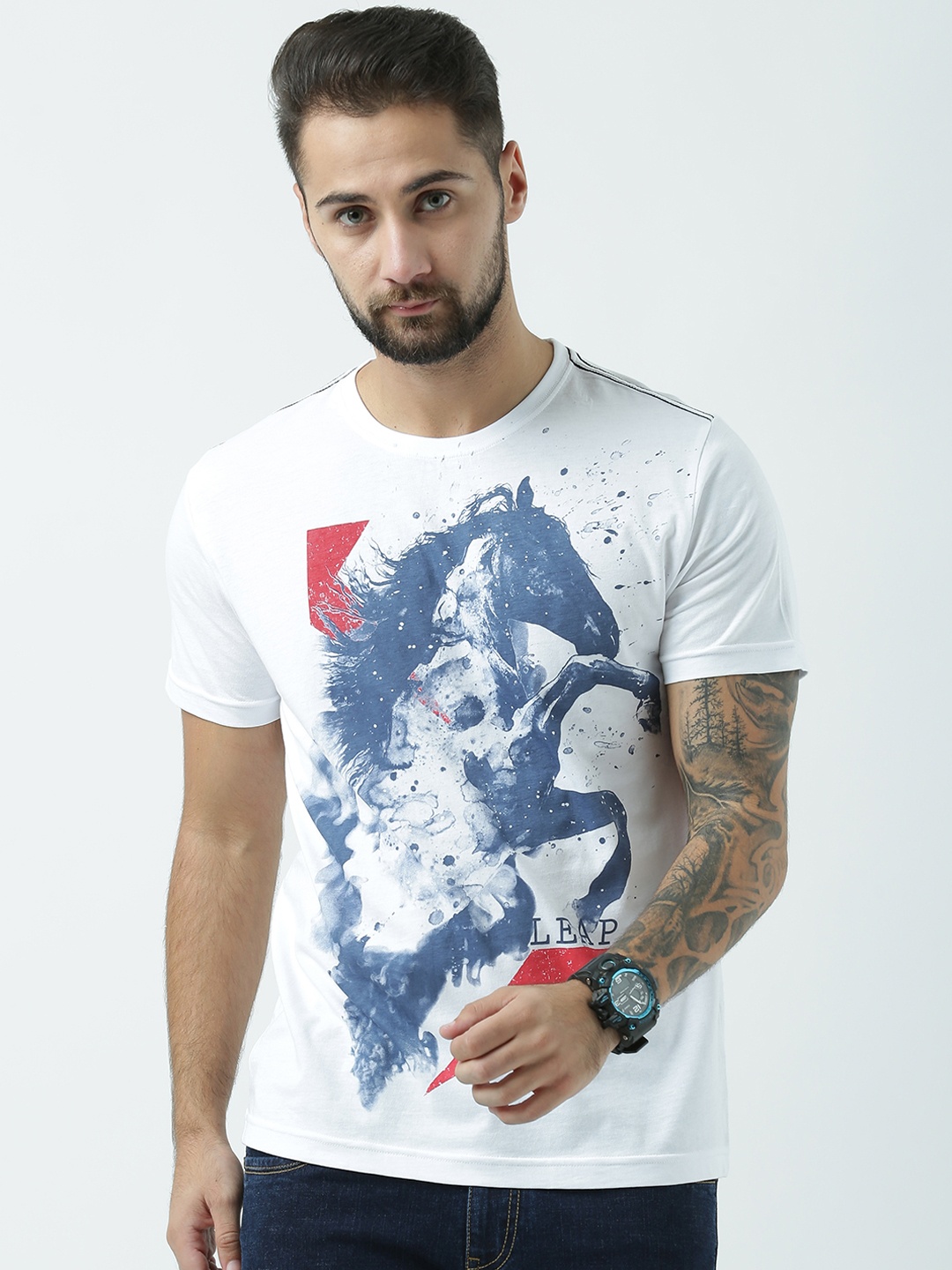 

Huetrap Men White Printed Round Neck T-shirt
