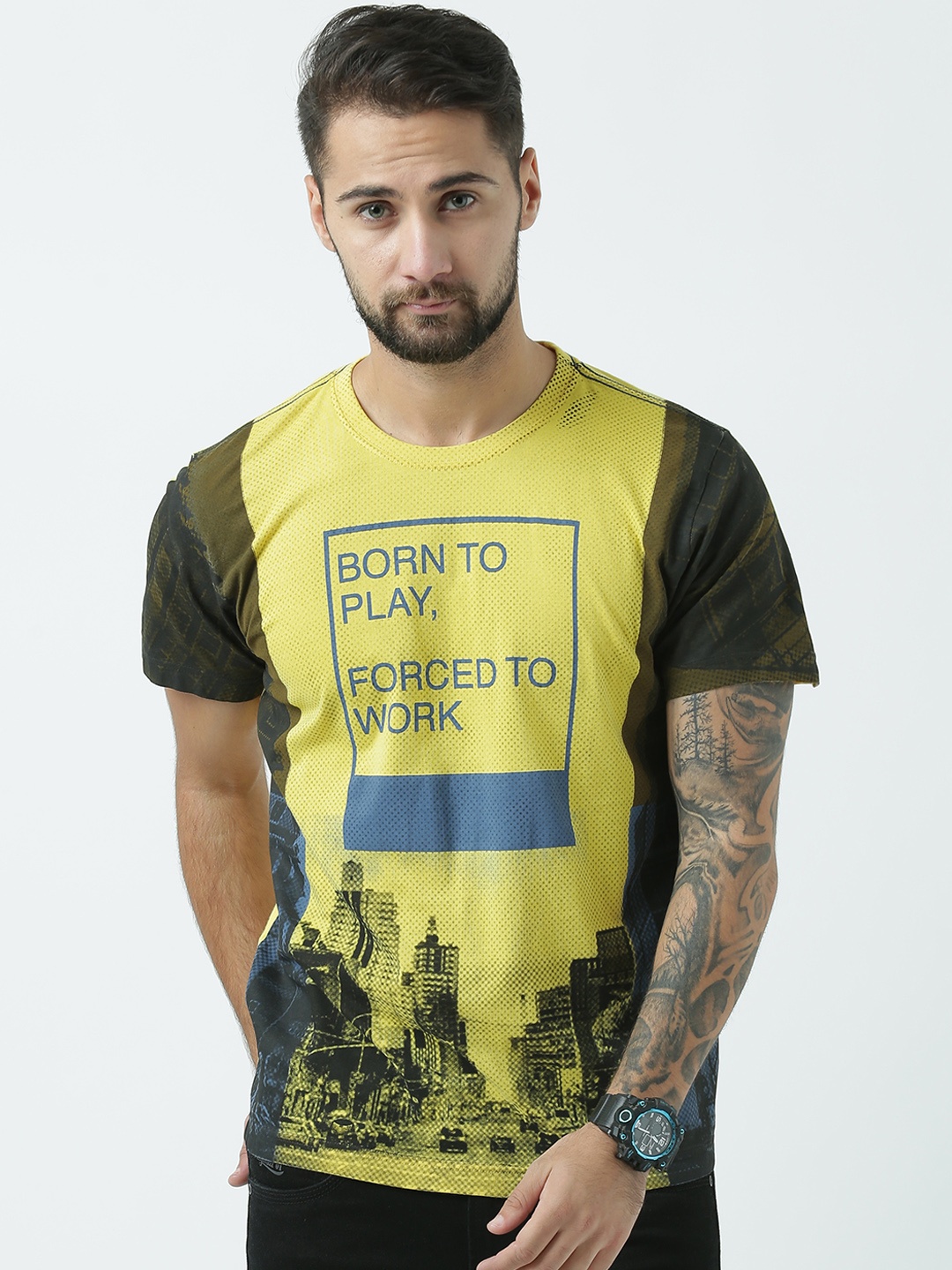 Huetrap Men Yellow & Olive Green Printed Round Neck T-shirt