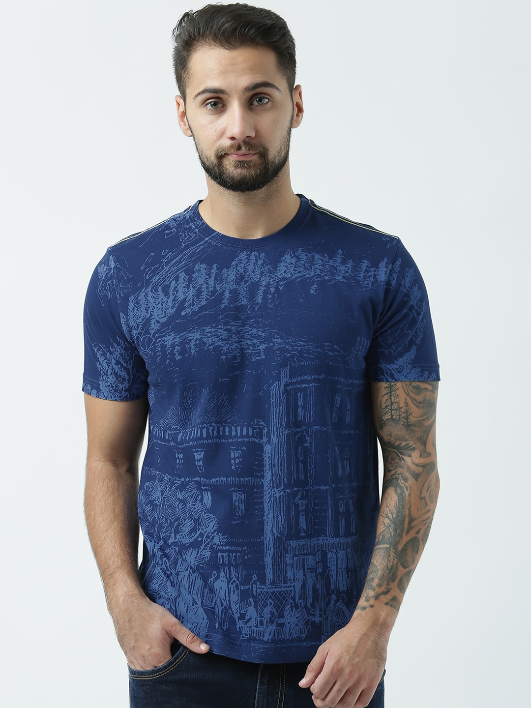 Huetrap Men Blue Printed Round Neck T-shirt