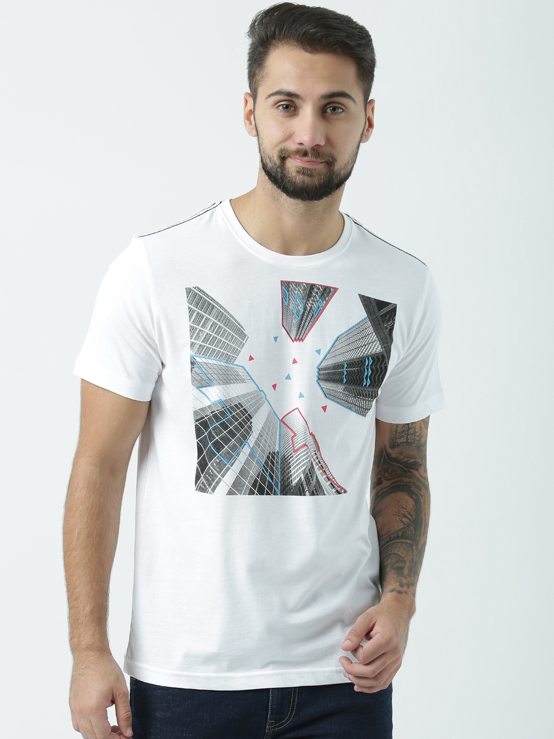 

Huetrap Men White Printed Round Neck T-shirt
