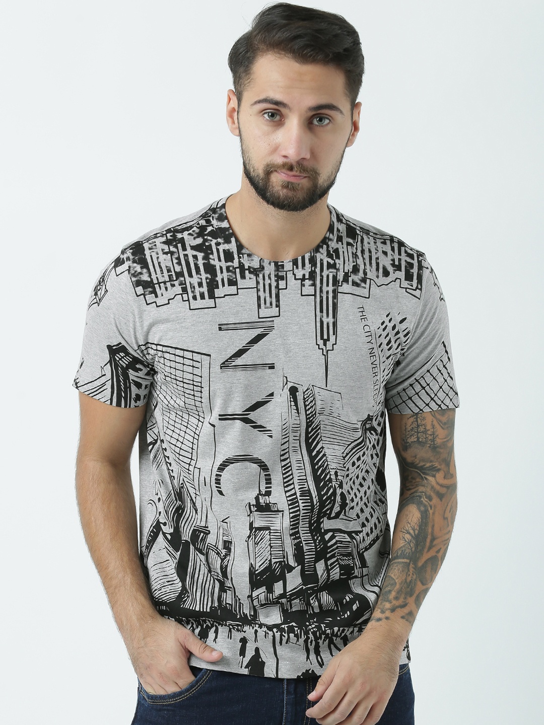 

Huetrap Men Grey Printed Round Neck T-shirt
