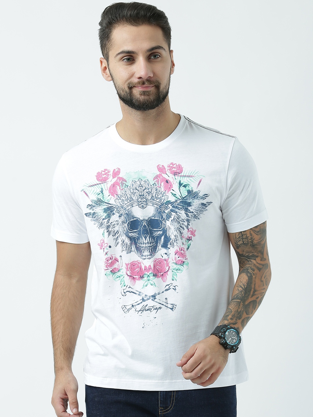 

Huetrap Men White Printed Round Neck T-shirt