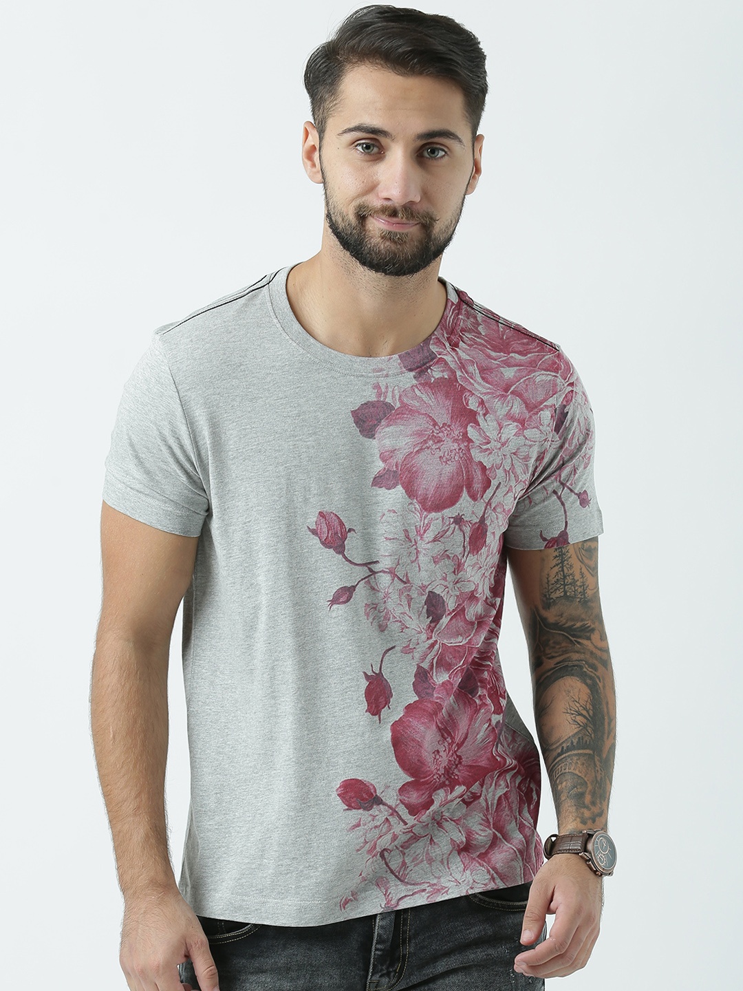 

Huetrap Men Grey Melange Printed Round Neck T-shirt