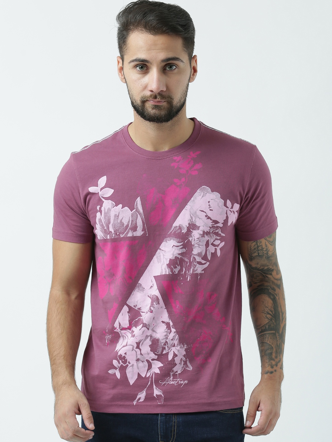 

Huetrap Men Mauve Printed Round Neck T-shirt