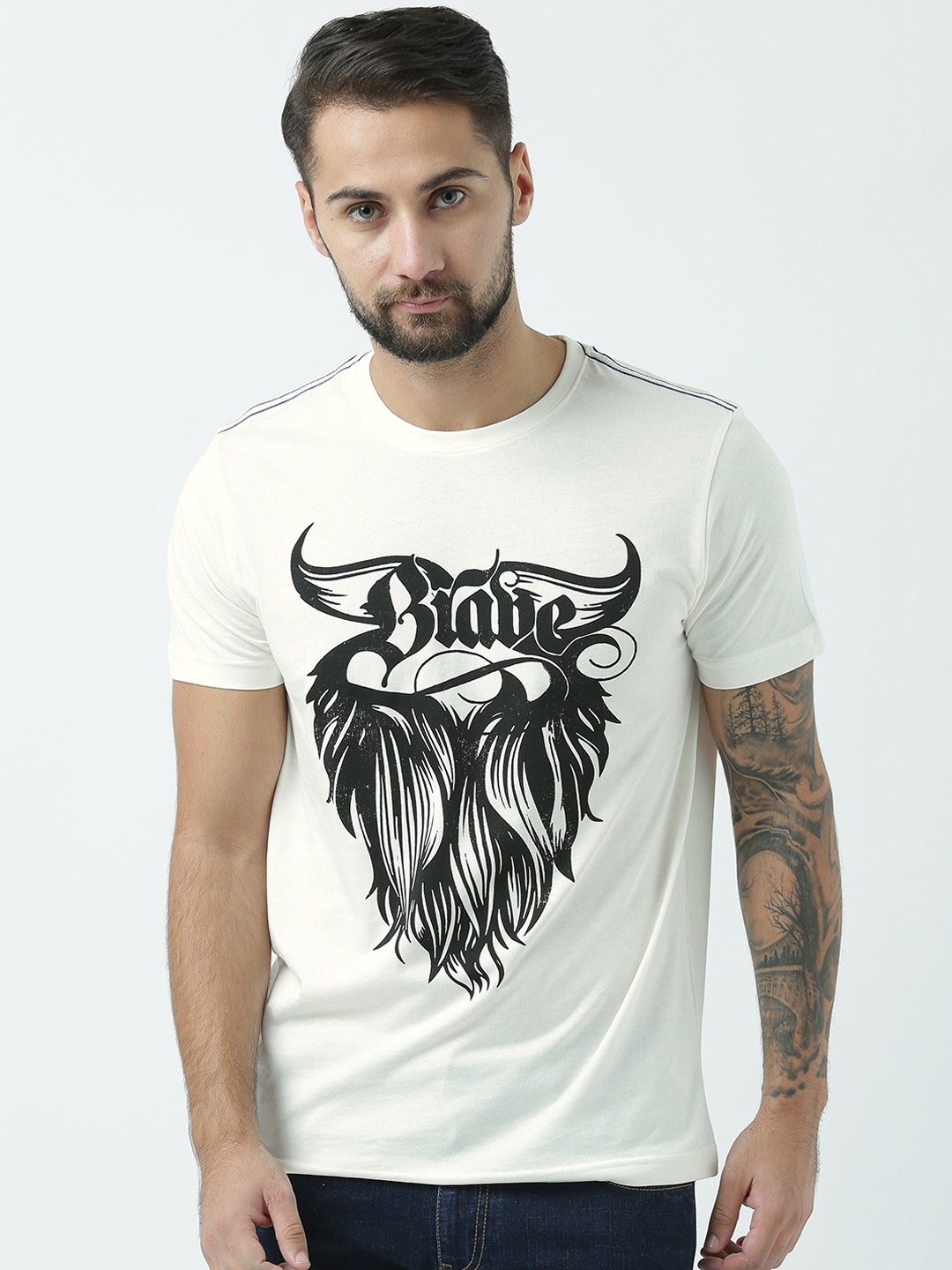 

Huetrap Men White Printed Round Neck T-shirt