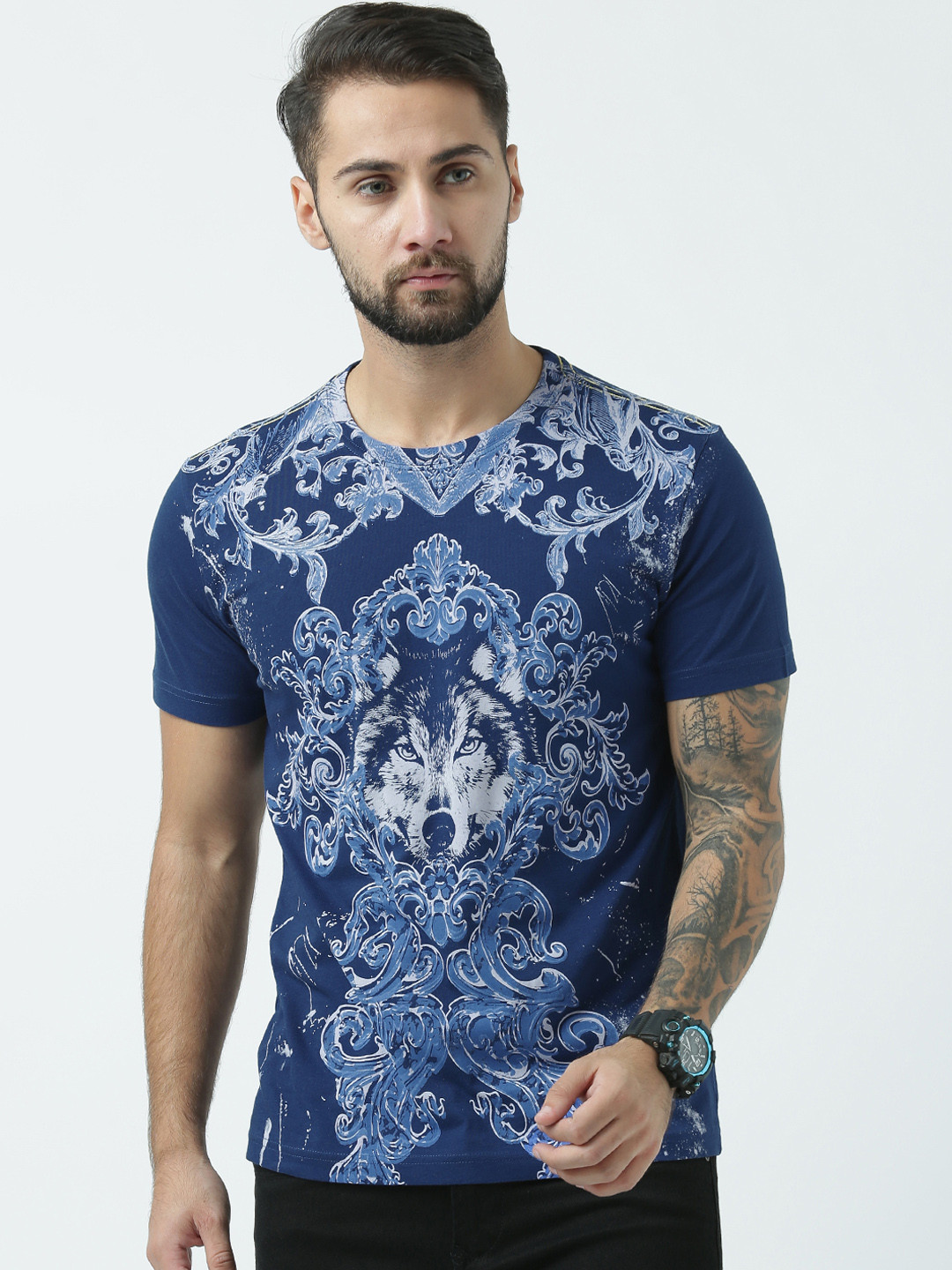 

Huetrap Men Blue Printed Round Neck T-shirt
