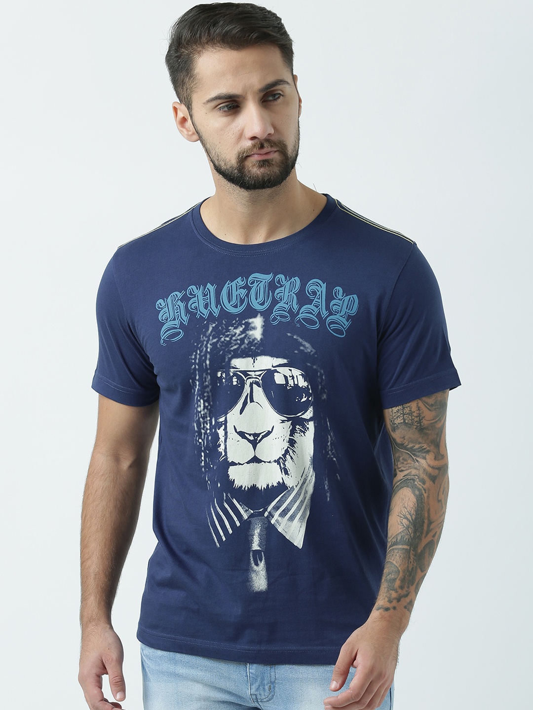 

Huetrap Men Navy Blue Printed Round Neck T-shirt