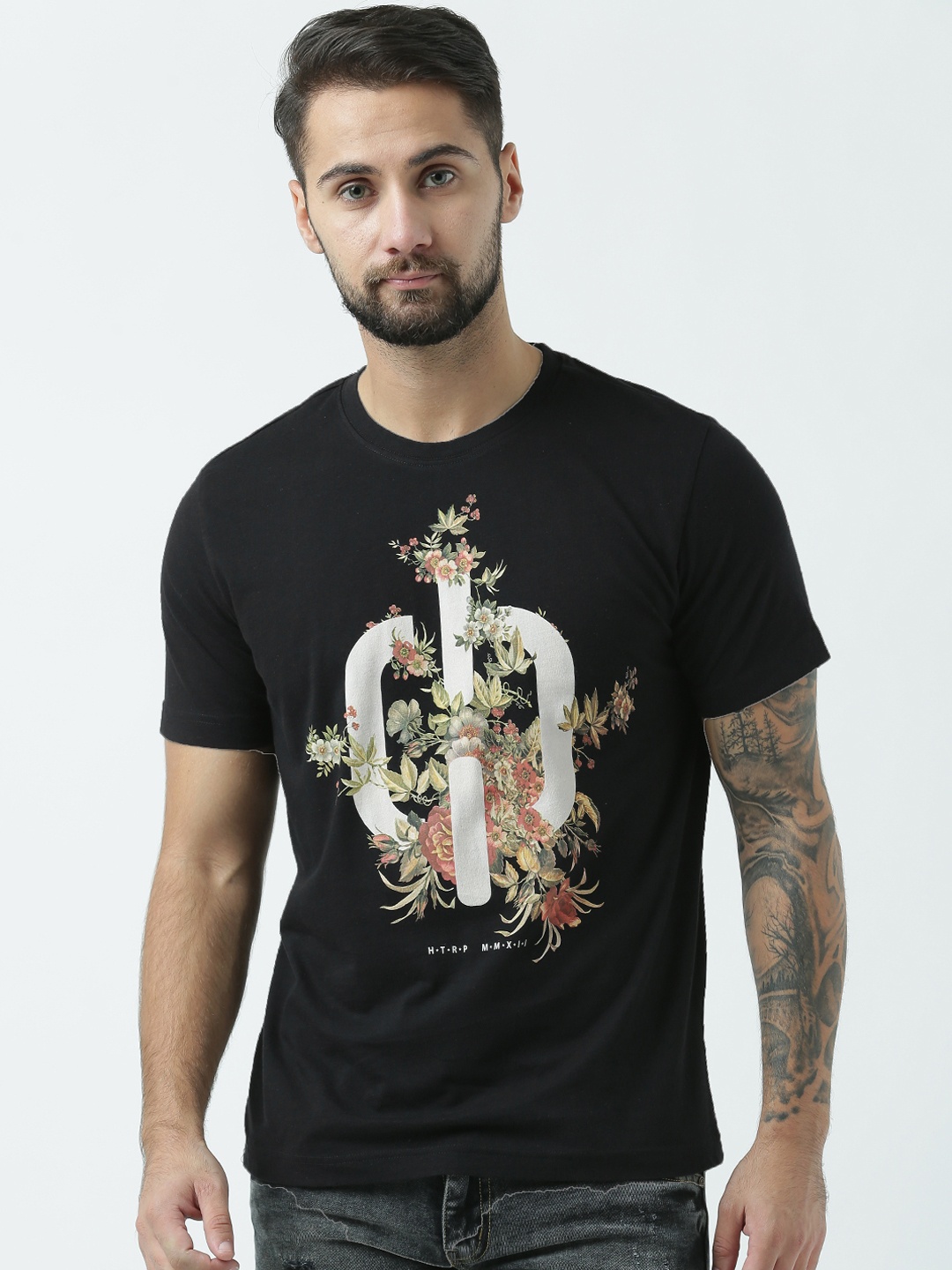 Huetrap Men Black Printed Round Neck T-shirt