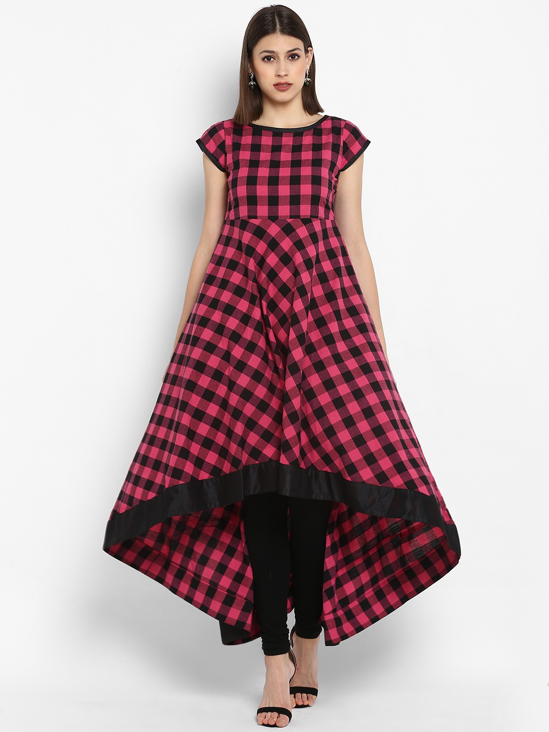 

MBE Women Pink & Black Checked A-Line Kurta
