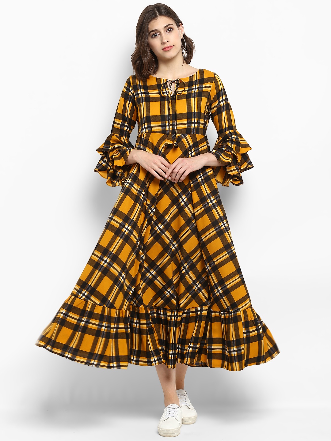 

MBE Women Yellow Checked Fit and Flare Dress