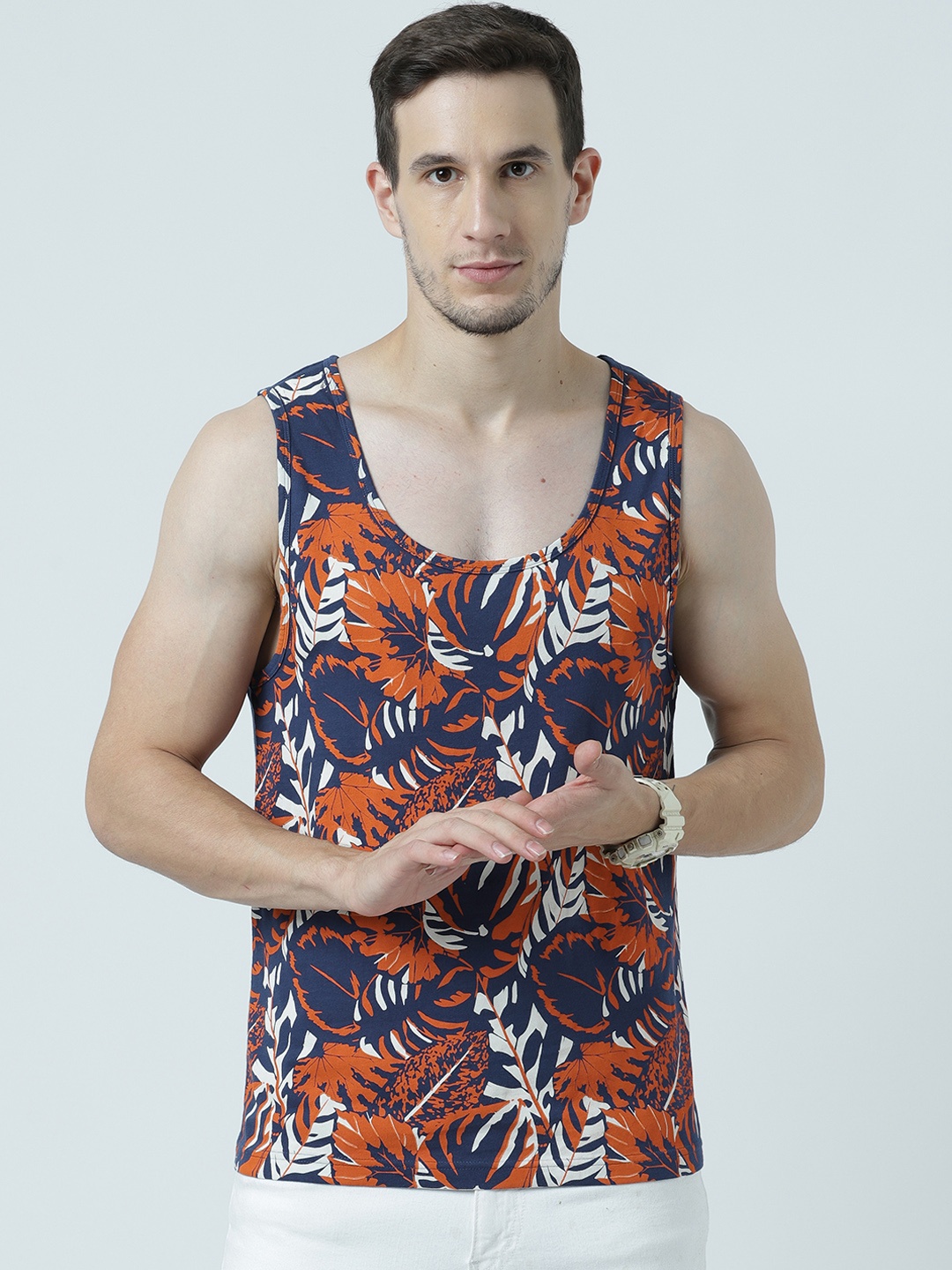 

Huetrap Men Navy Blue & Orange Printed Scoop Neck Sleeveless T-shirt