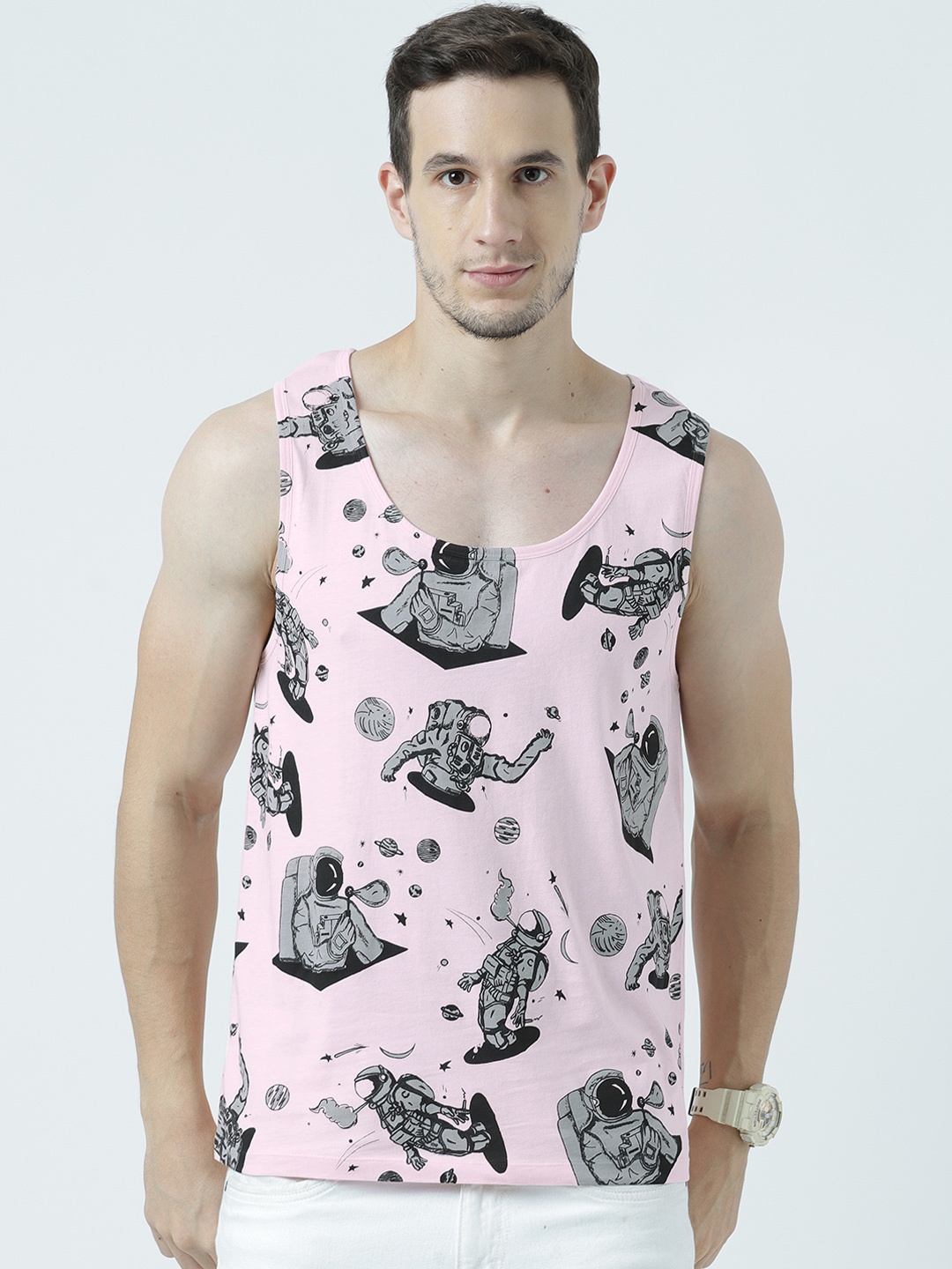 

Huetrap Men Pink Printed Scoop Neck Sleeveless T-shirt