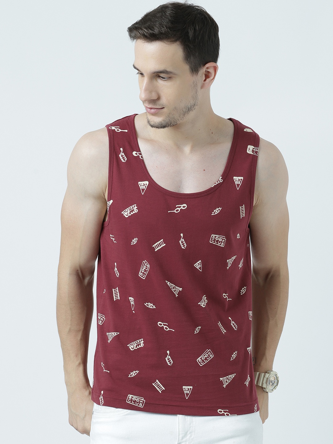 

Huetrap Men Maroon Printed Scoop Neck Sleeveless T-shirt
