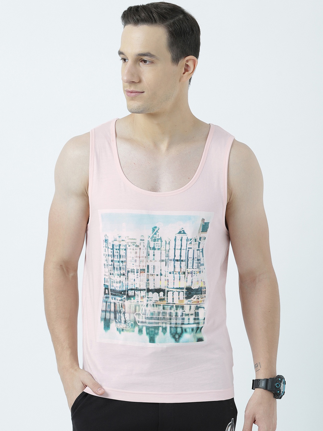 Huetrap Men Pink Printed Scoop Neck Sleeveless T-shirt