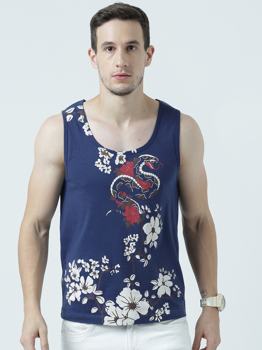

Huetrap Men Navy Blue Printed Scoop Neck Sleeveless T-shirt