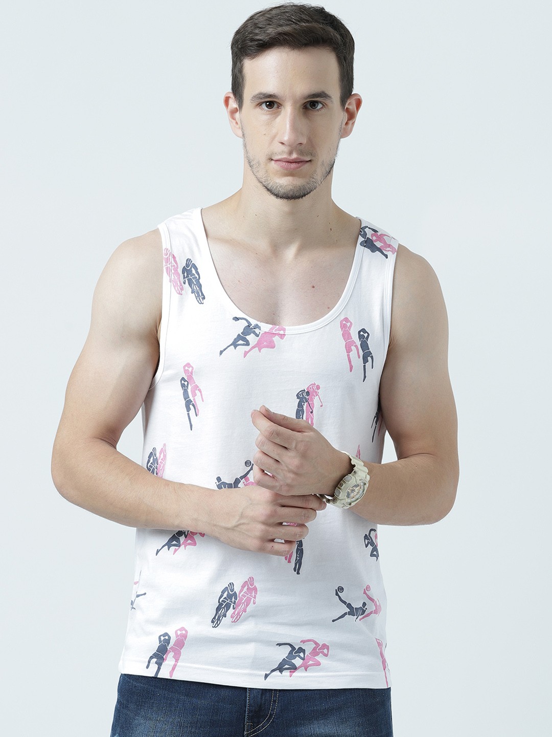 

Huetrap Men White Printed Scoop Neck Sleeveless T-shirt