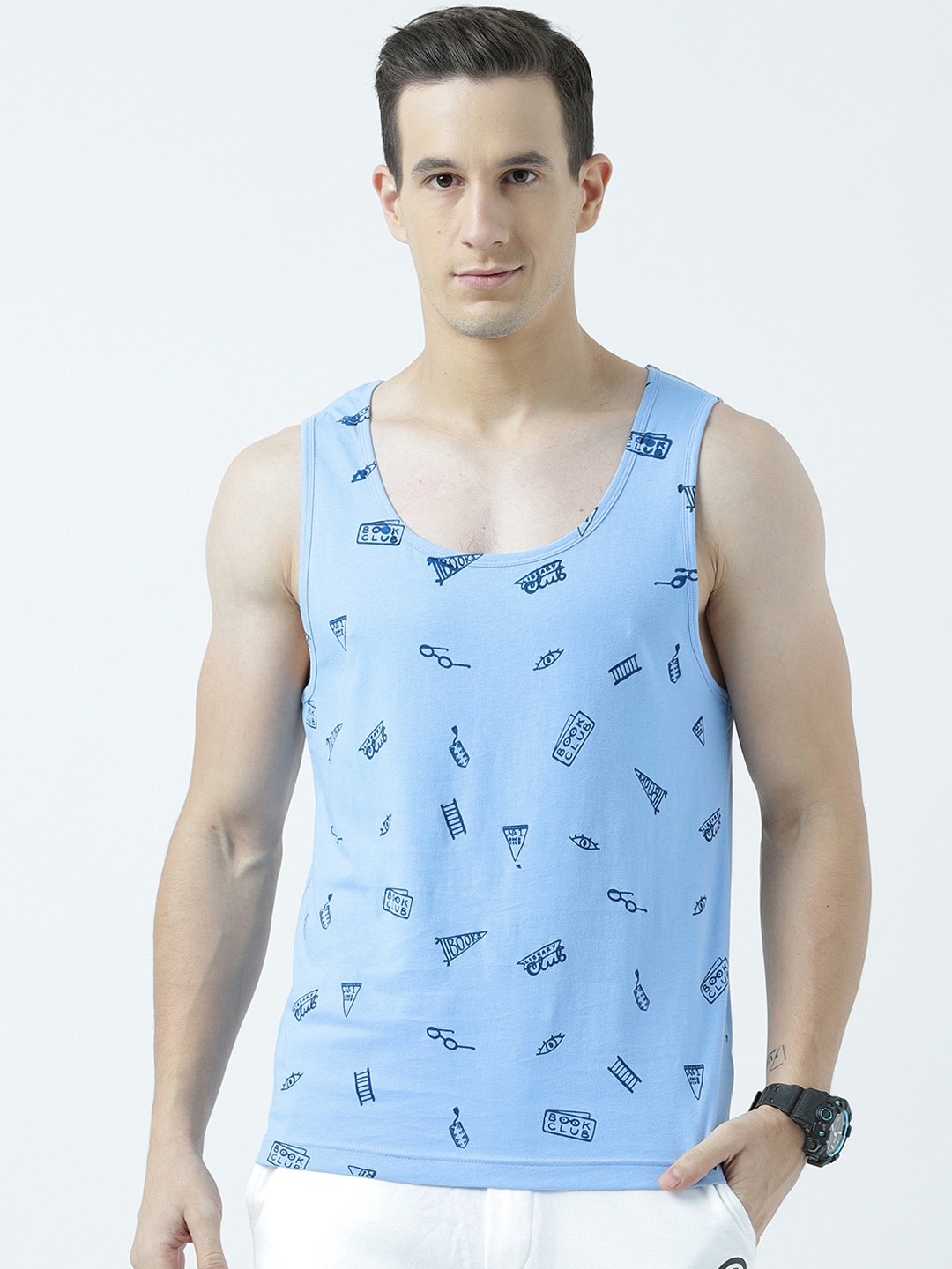 Huetrap Men Blue Printed Scoop Neck Sleeveless T-shirt