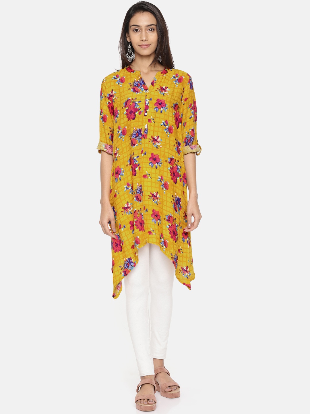 

Melange by Lifestyle Women Mustard & Pink Printed A-Line Kurta