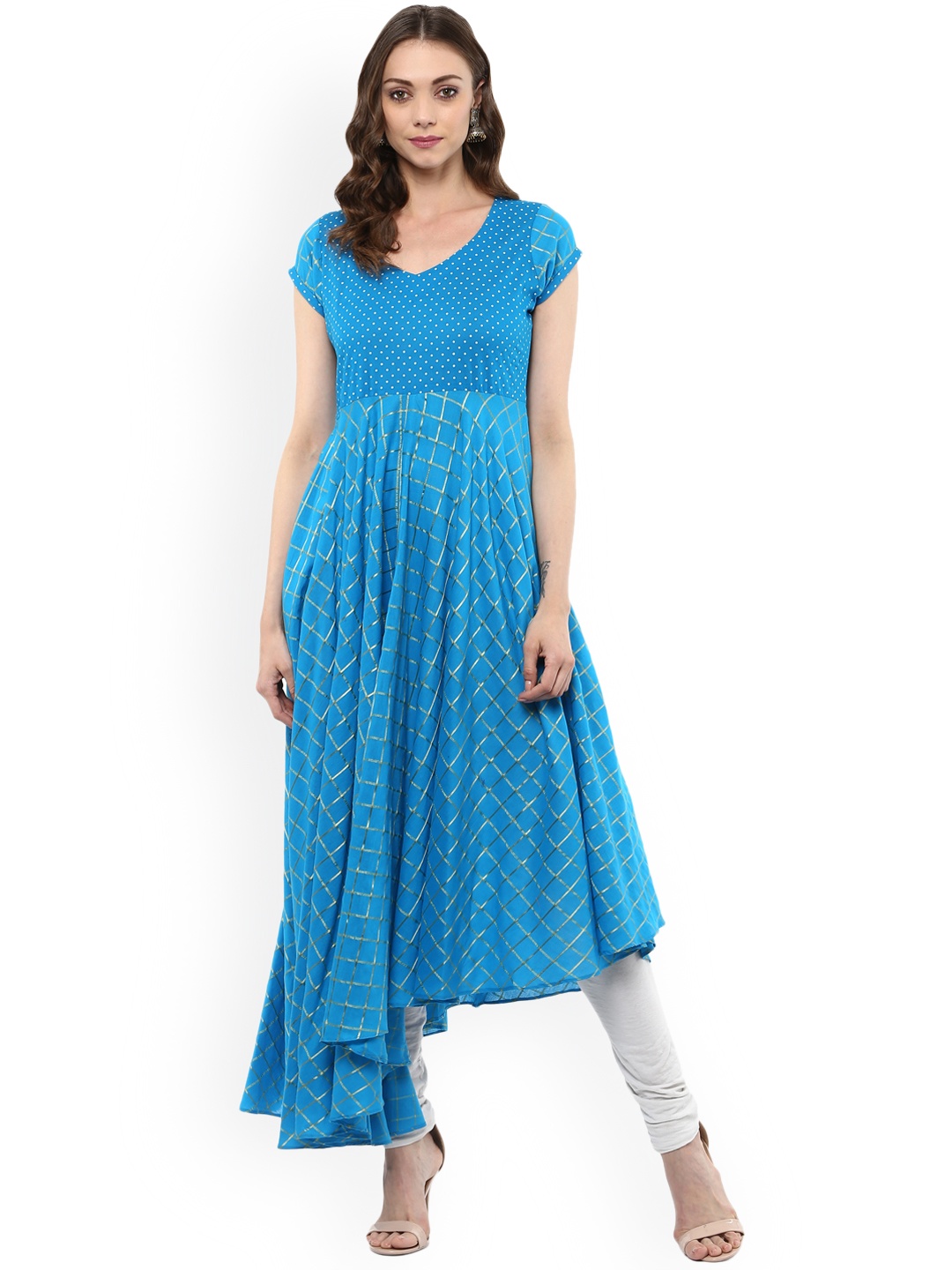 

MBE Women Blue Checked Anarkali Kurta