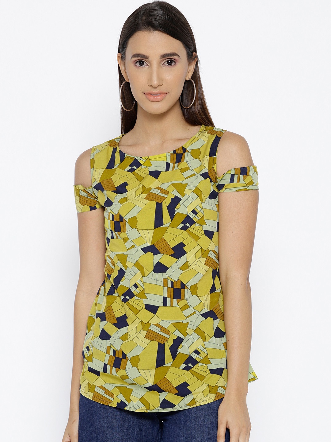 

Cottinfab Women Mustard Yellow & Green Printed Top