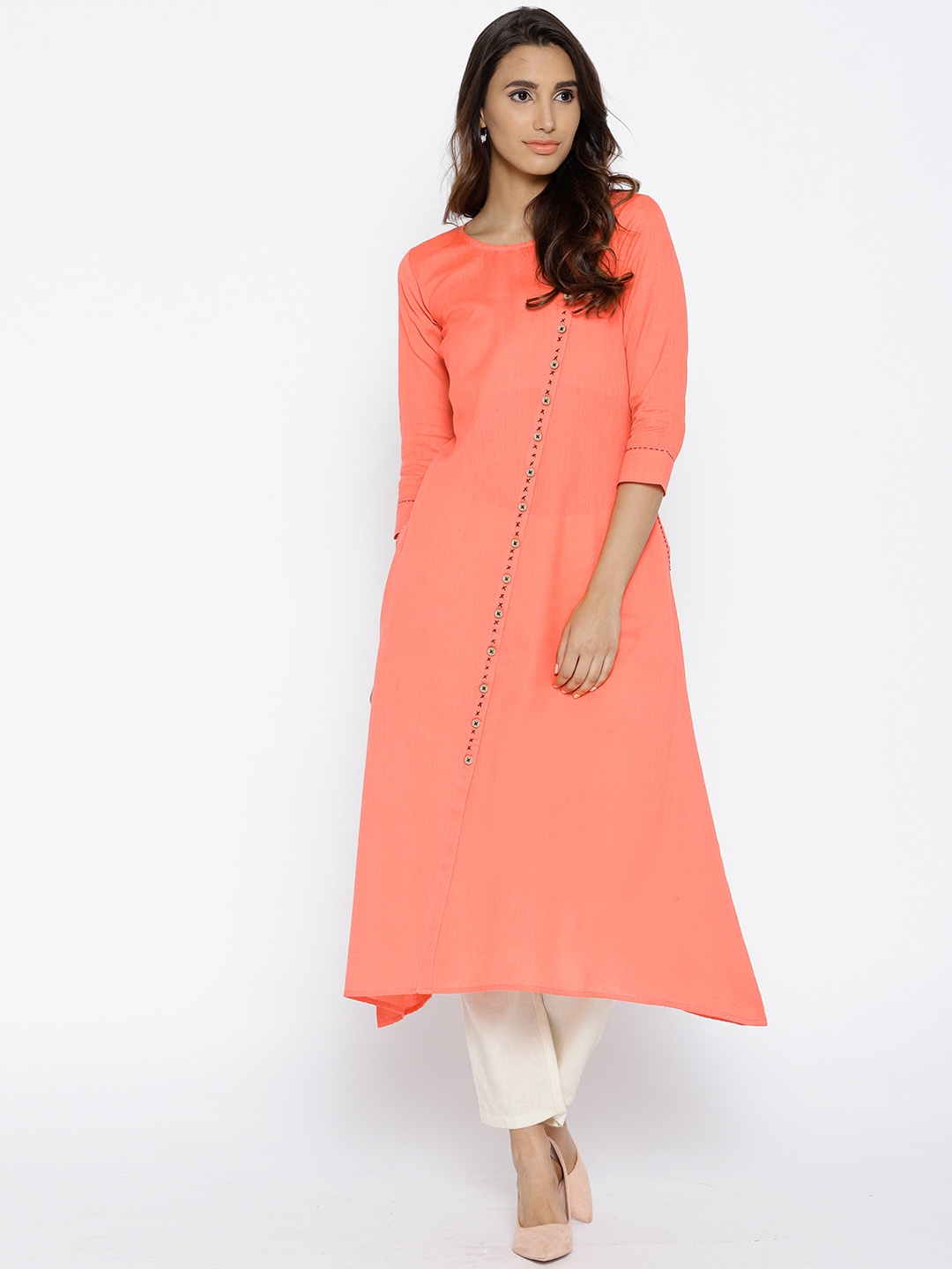 

Cottinfab Women Coral Pink Solid A-Line Kurta