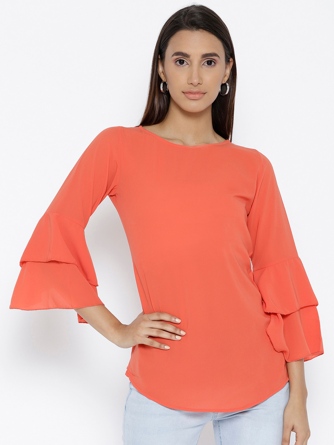 

Cottinfab Women Coral Orange Solid Top