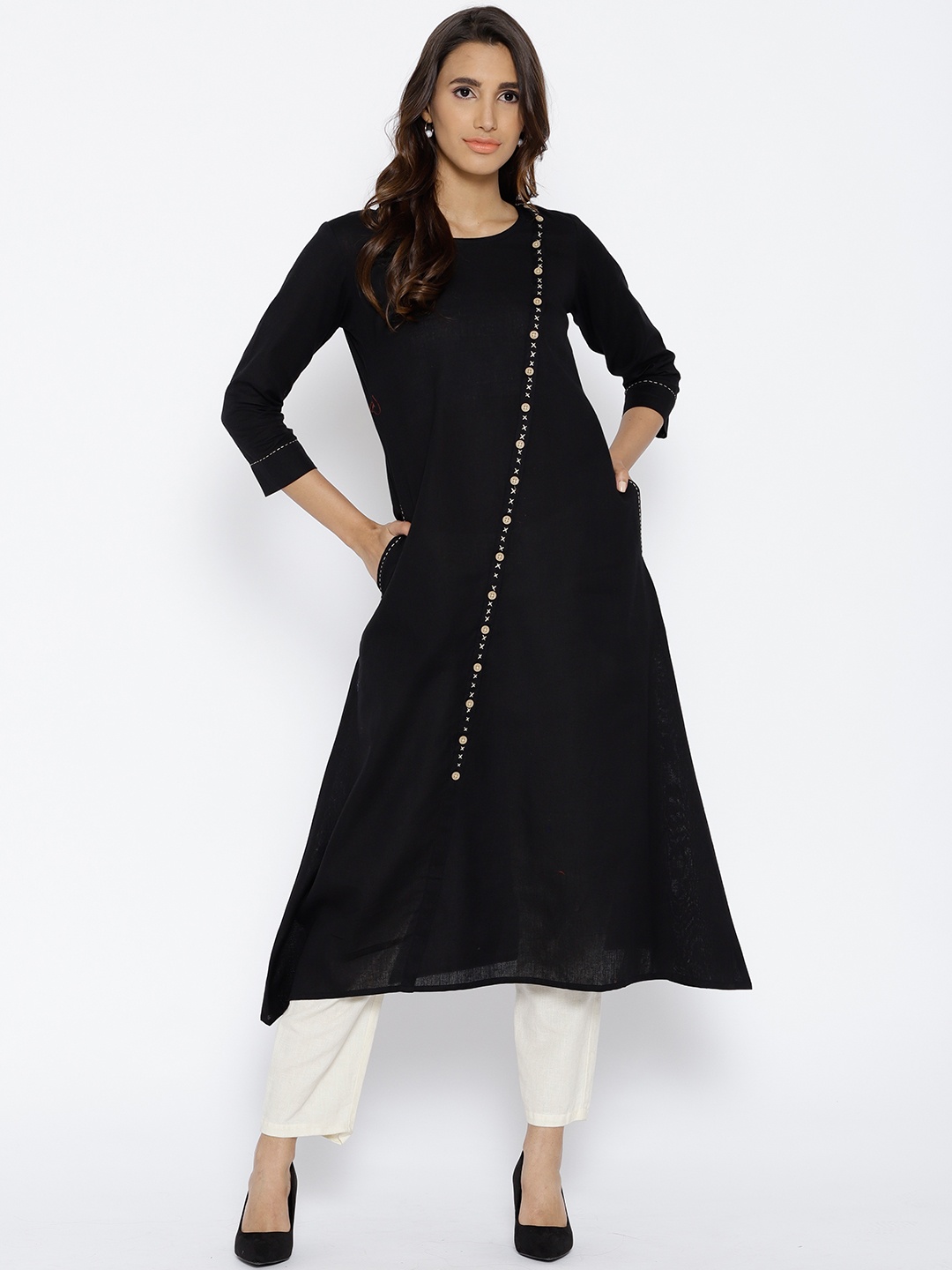 

Cottinfab Women Black Solid A-Line Kurta