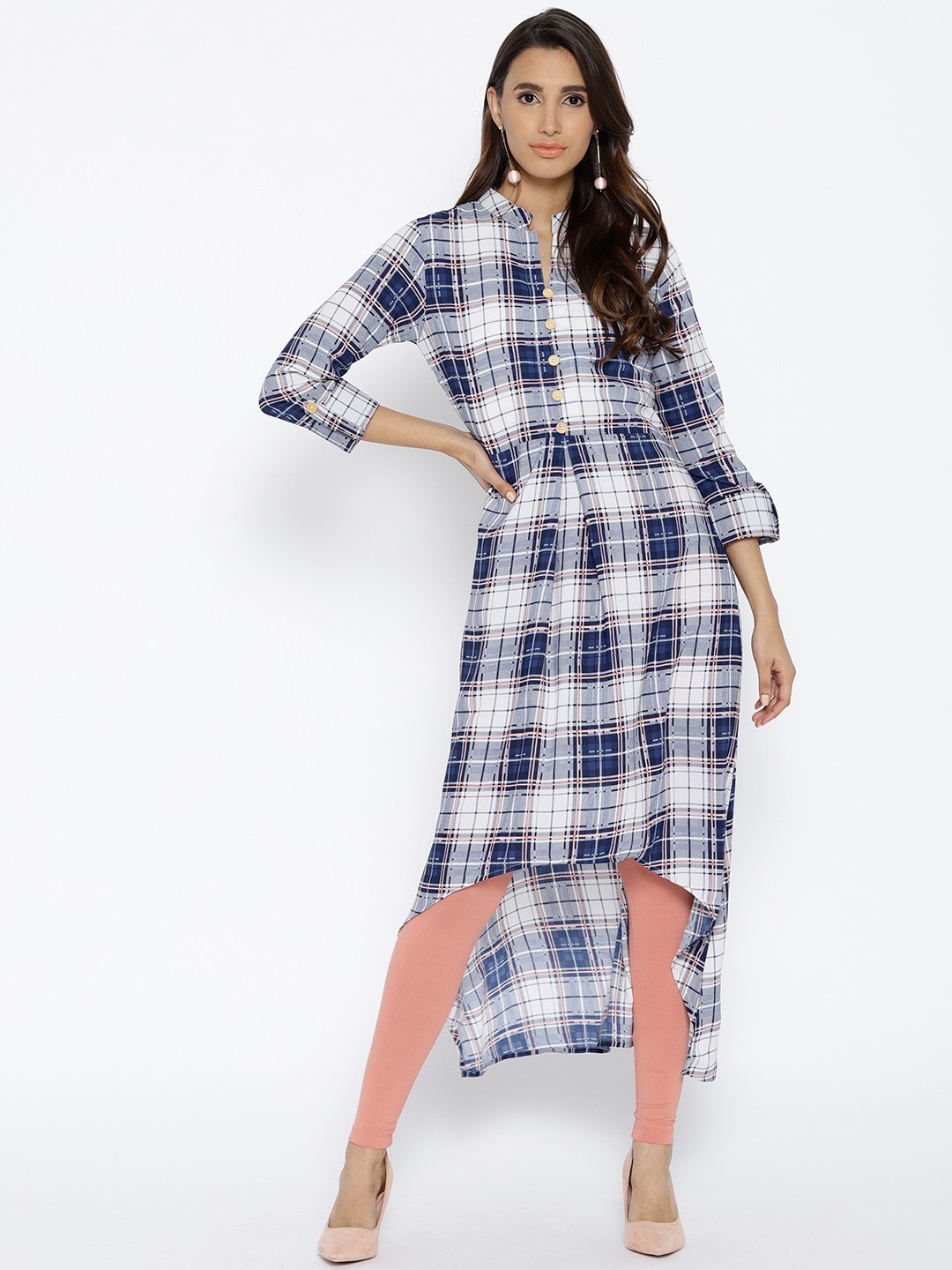 

Cottinfab Women Navy Blue & White Checked A-Line Kurta