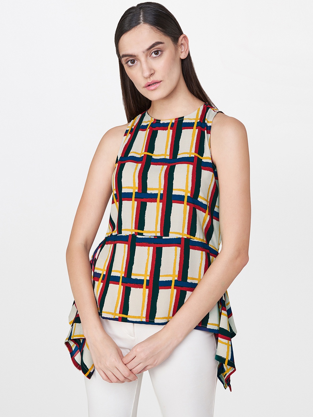 

AND Women Beige Checked A-Line Top