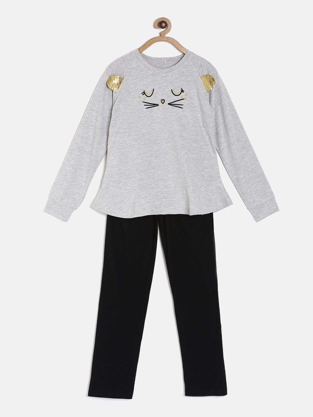 

Sweet Dreams Girls Grey Melange & Black Solid Night suit