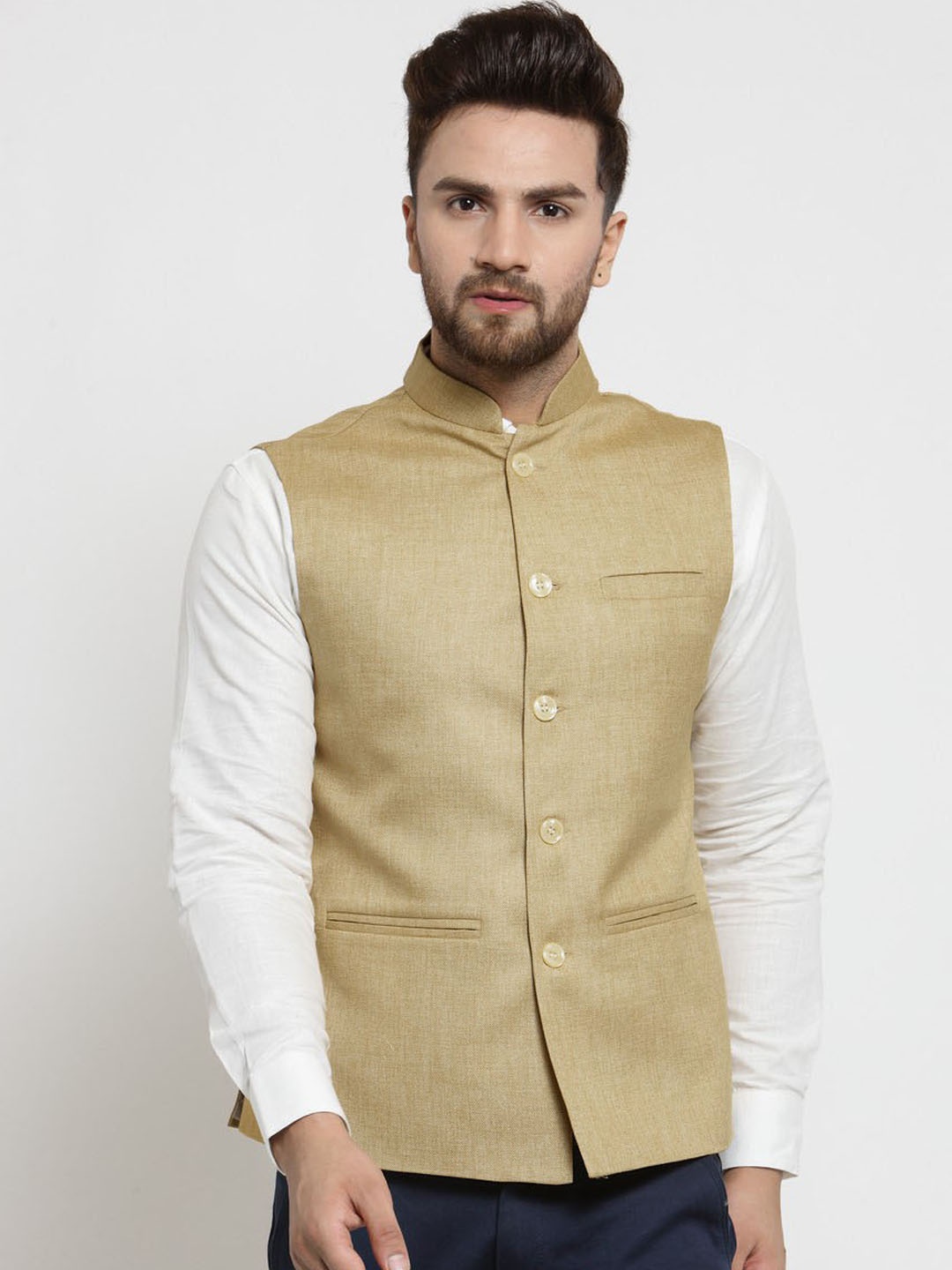 TREEMODA Men Beige Solid Nehru Jacket