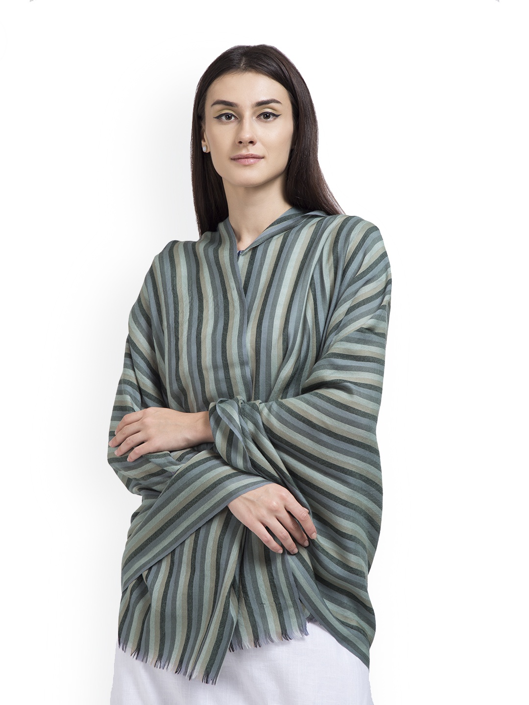 

SHINGORA Women Sea Green & Grey Striped Woollen Shawl