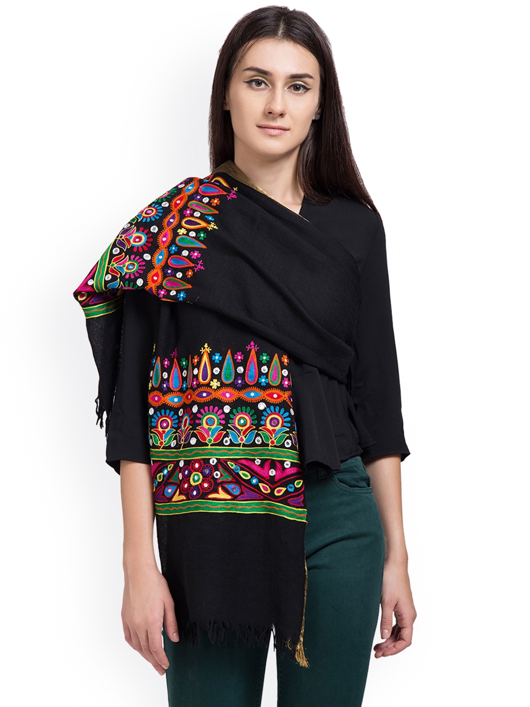 SHINGORA Women Black Embroidered Stole