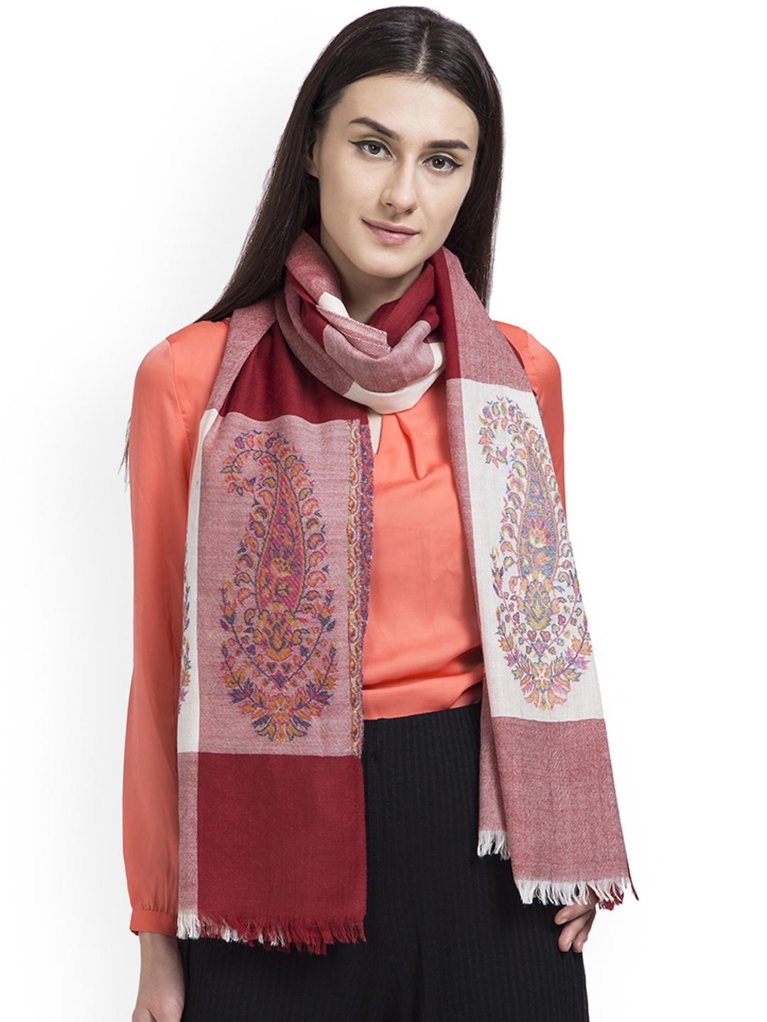 

SHINGORA Women Maroon & White Woven Design Woollen Stole