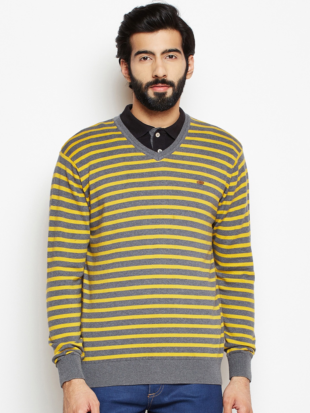 

Crimsoune Club Men Yellow & Grey Melange Striped Pullover