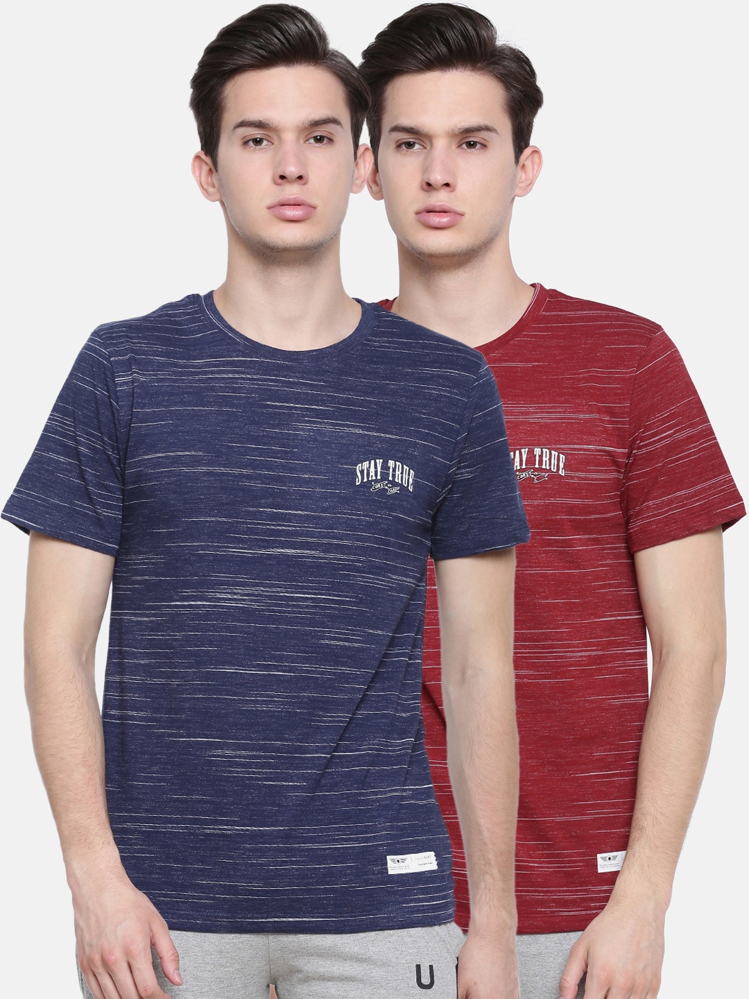 

Force NXT Men Navy Blue & Maroon Self Design Round Neck Pack of 2 T-shirt