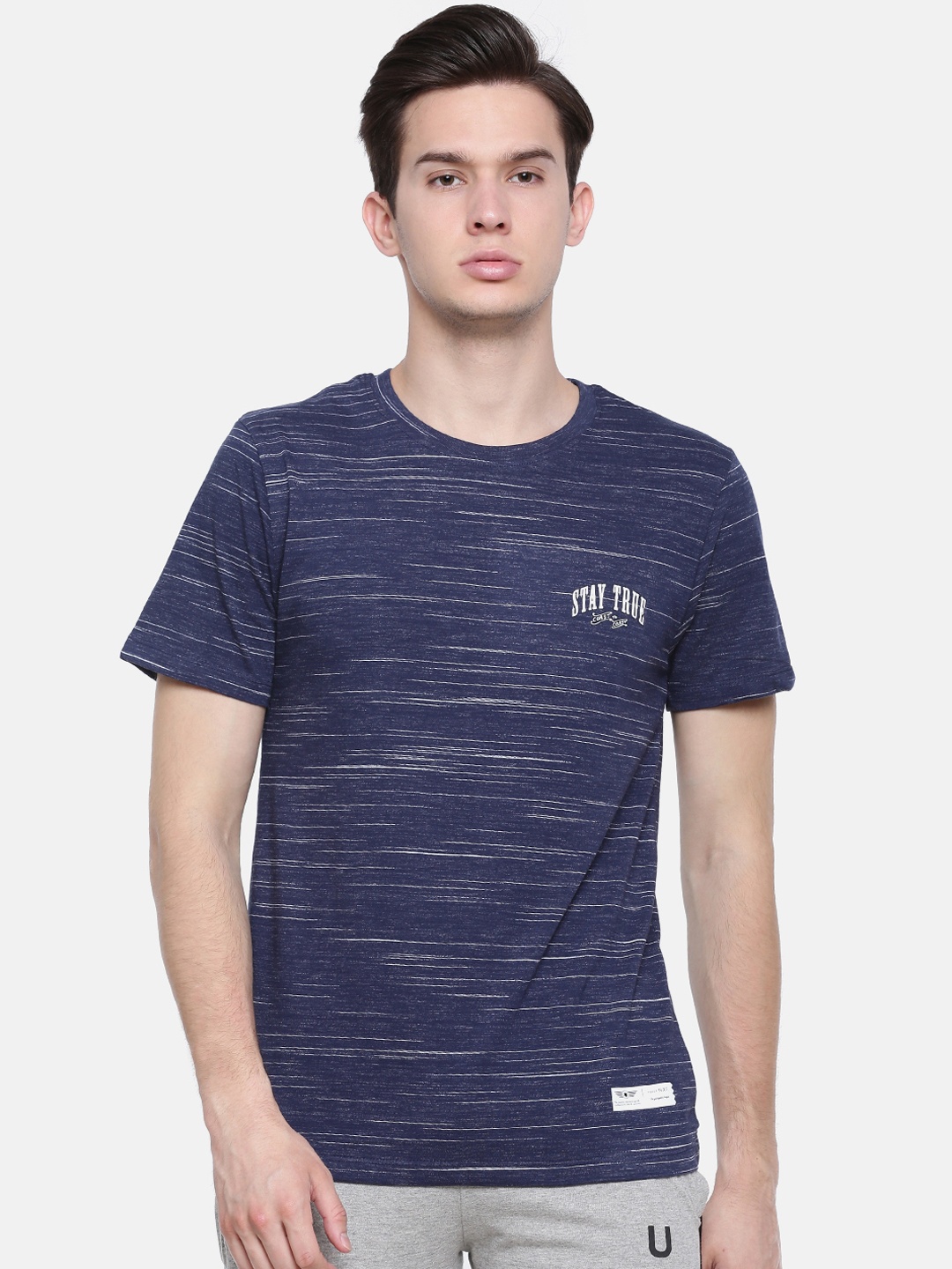

Force NXT Men Navy Blue Self Design Round Neck T-shirt