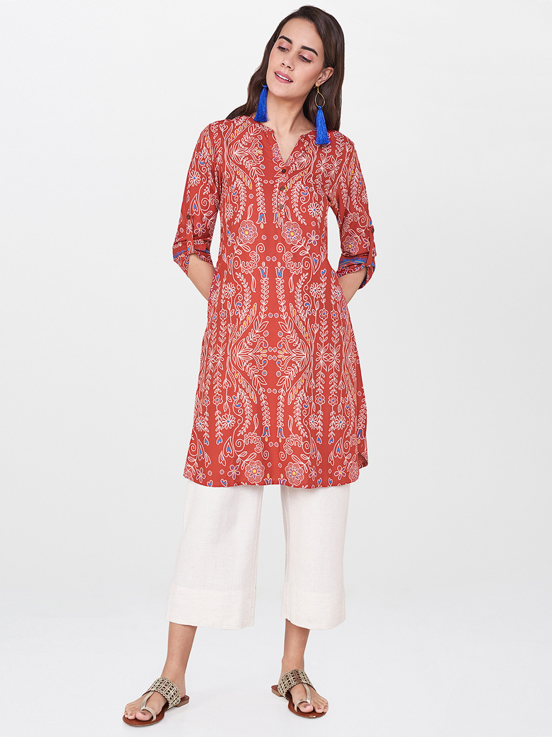 

Global Desi Women Rust Red Printed Straight Kurta