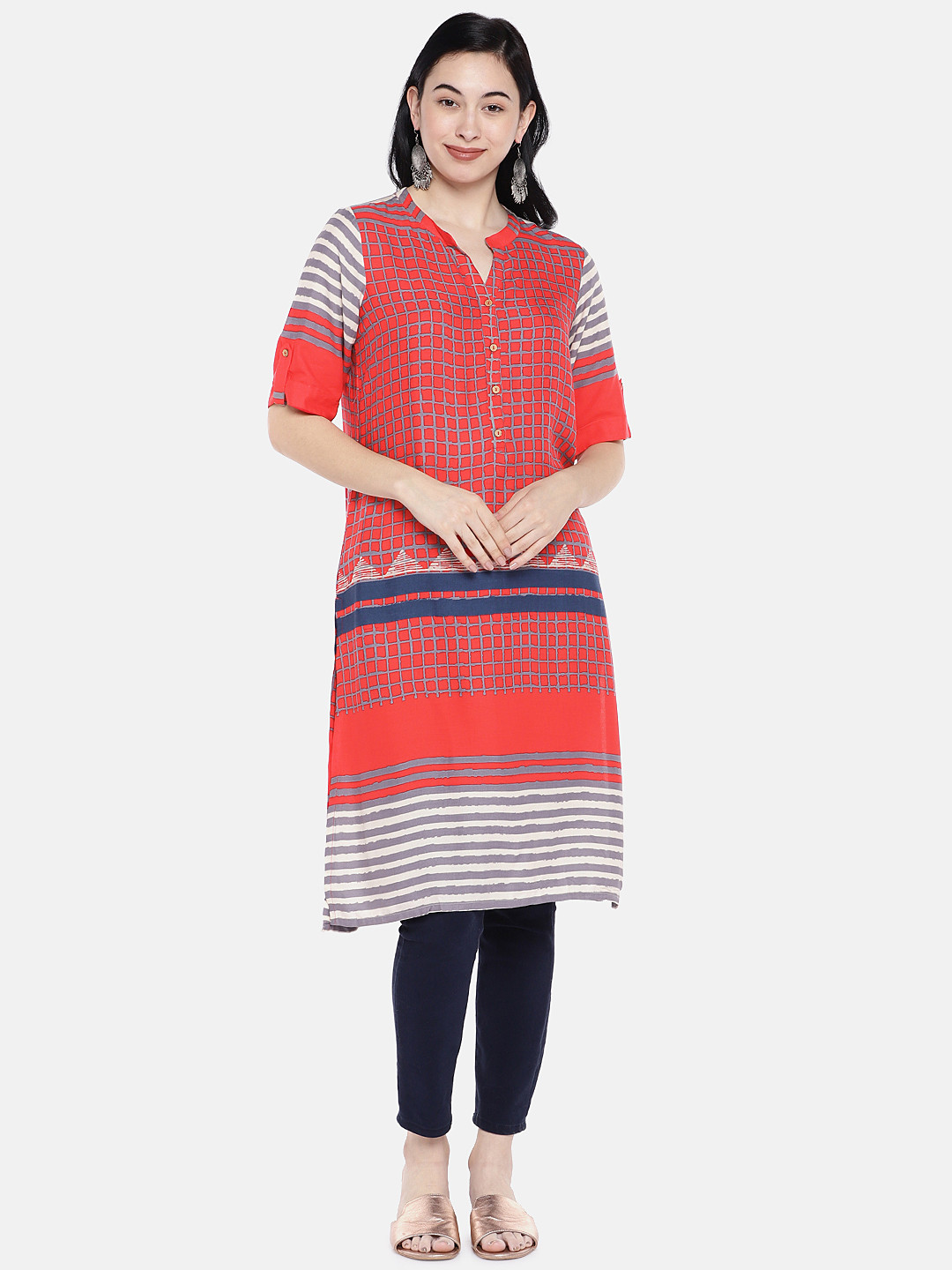 

Global Desi Women Red & Grey Checked Straight Kurta
