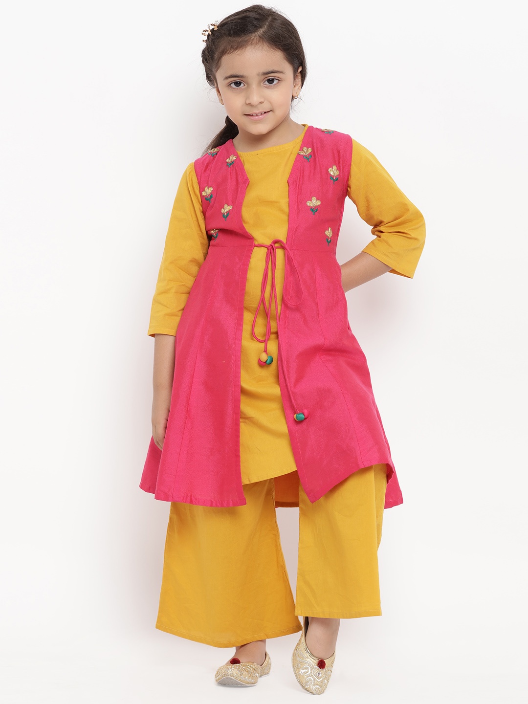 

Bitiya by Bhama Girls Mustard Yellow & Pink Embroidered Kurti with Palazzos