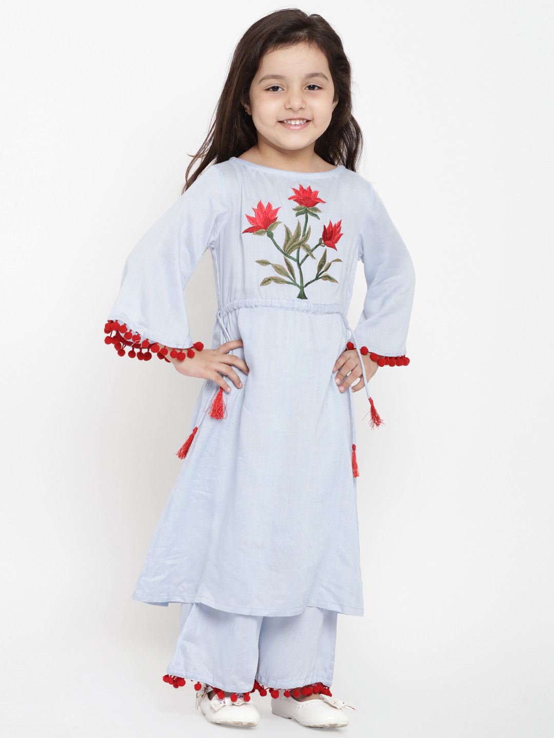 

Bitiya by Bhama Girls Blue Embroidered Kurti with Palazzos