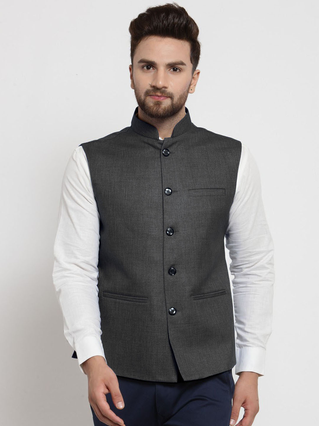 

TREEMODA Men Charcoal Grey Solid Nehru Jacket